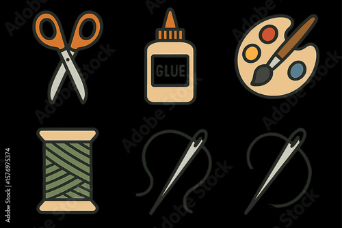 Craft tools icon set: scissors, glue, paint palette, thread, needle