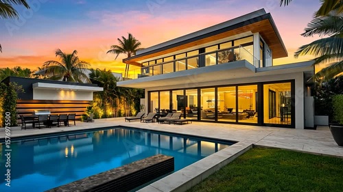Luxury Modern Villa with Swimming Pool at Sunset offers Serene Tropical Evening
