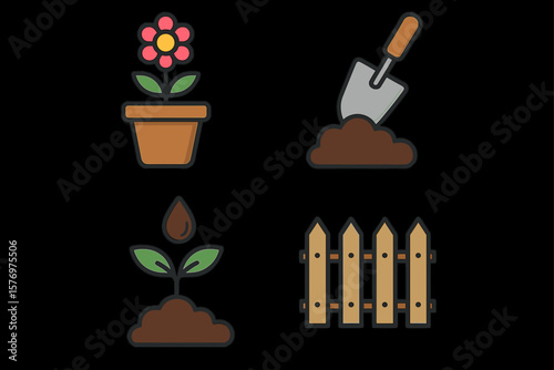 Gardening icons: flower pot, shovel, seedling, and wooden fence on black background