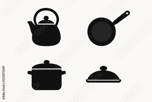 Silhouette kitchenware: kettle, frying pan, pot, and dish with lid