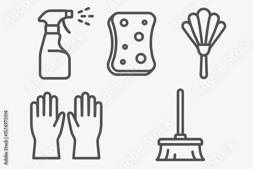 Cleaning tools icons: spray bottle, sponge, duster, gloves, broom line art