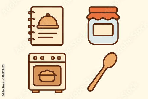 Simple cooking icons set with recipe book, jam jar, oven, and spoon