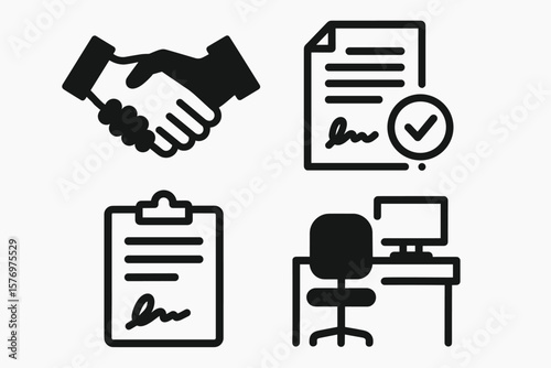Business agreement icons: handshake, signed documents, workplace desk