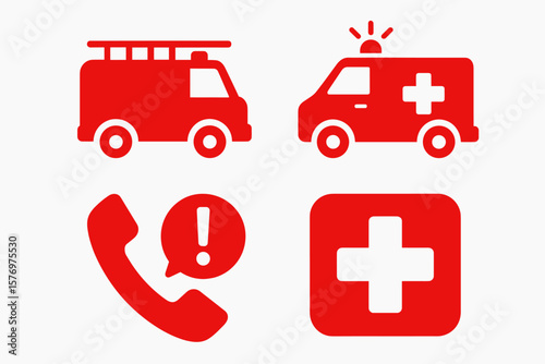 Emergency icons: ambulance, fire truck, alert, medical cross symbols in red