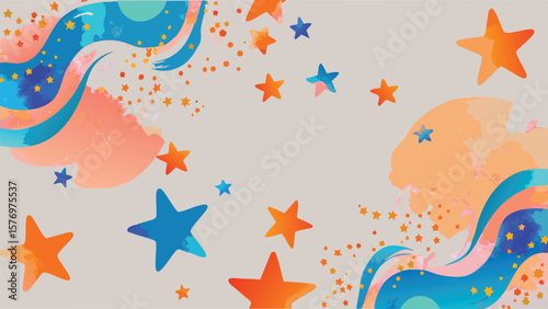 Watercolor background with orange and blue stars, swirls and confetti scattered around the canvas space