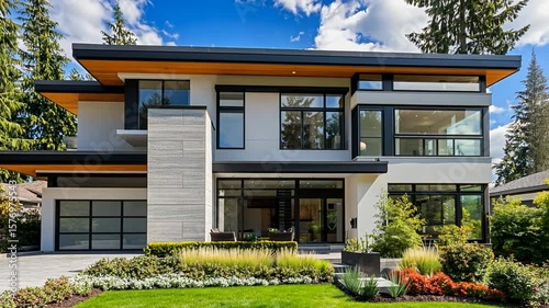 Stunning Modern House Exterior with Green Lawn and Architectural Design Features Showcase