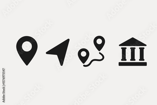 Navigation icons: location pin, direction arrow, route path, bank building