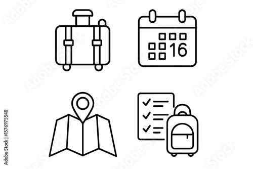 Travel planning icons: luggage, calendar, map, checklist, and backpack