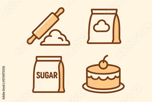 Baking essentials: rolling pin, flour, sugar bag, cake with cherry icon set