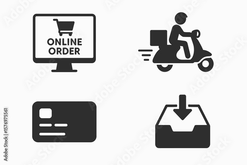 Online order icon set featuring scooter delivery and payment symbols