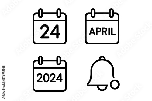 Simple calendar icons highlighting april 24, 2024, with notification bell symbol
