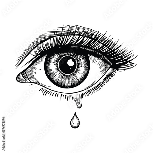 Single eye sheds a solitary tear, conveying a profound sense of sorrow and emotional depth, isolated on white background