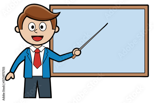 Cartoon Character Teaching with Pointer Stick – Presenter in Blue Jacket and Red Tie in Front of Blank Whiteboard