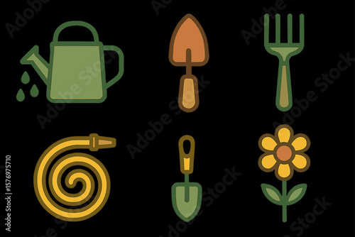 Gardening tools and flower icons: watering can, trowel, fork, hose, and bloom