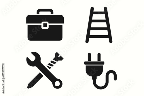 Toolbox, ladder, wrench, and plug icons for maintenance and repair
