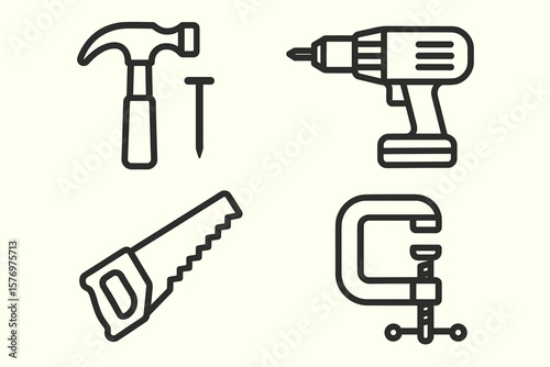 Outline illustration of tools: hammer, electric drill, saw, and c-clamp