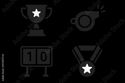 Sports icons: trophy, whistle, scoreboard, medal with star on black background