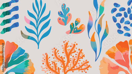 Watercolor illustration featuring an assortment of stylized botanical and marine elements artfully arranged