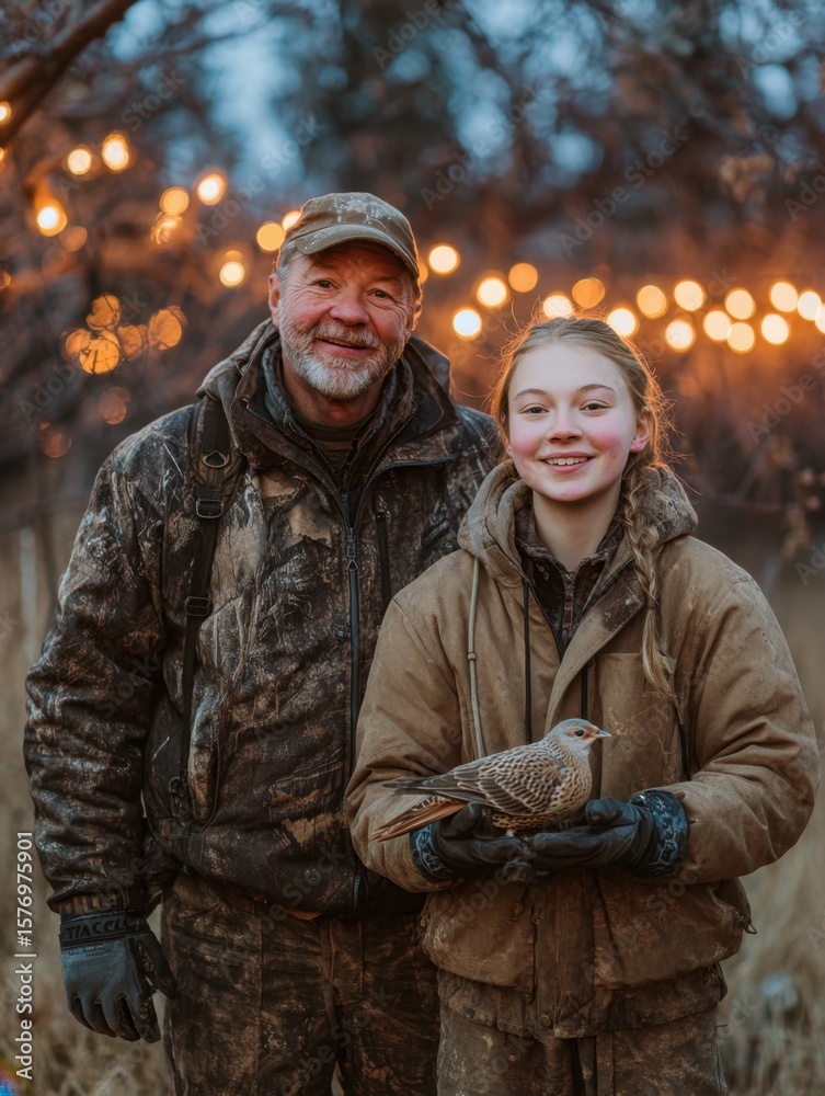Fototapeta premium Nature conservation young girl and elderly man showcase wildlife outdoor setting portrait heartwarming connection