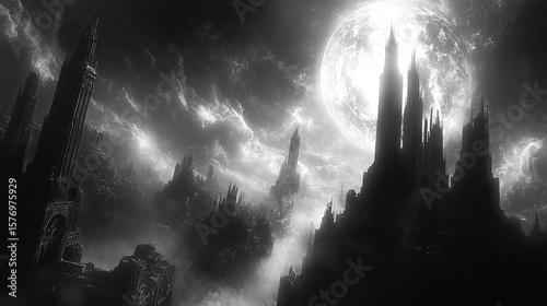 Majestic gothic ruins under a full moon.
