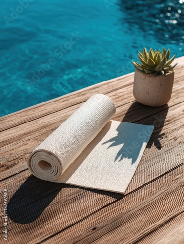 Relaxing by the poolside yoga mat outdoor space lifestyle photography bright environment above water view calm concept