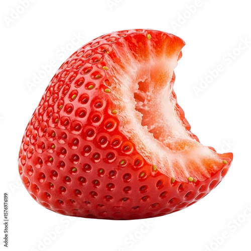 Bitten strawberry fruit close up isolated on transparent background