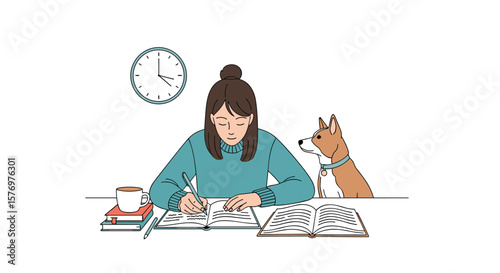 A focused student studies diligently at her desk with a loyal dog by her side while a clock on the wall indicates the passing of time for effective learning