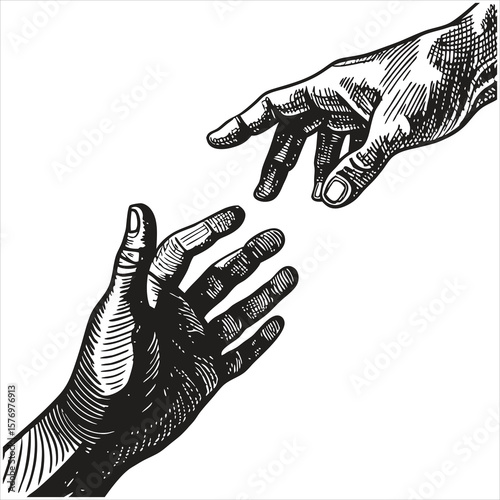 Isolated on white background, two hands reach out to each other, fingers almost touching, in a symbolic gesture of connection and creation, reminiscent of a classic masterpiece