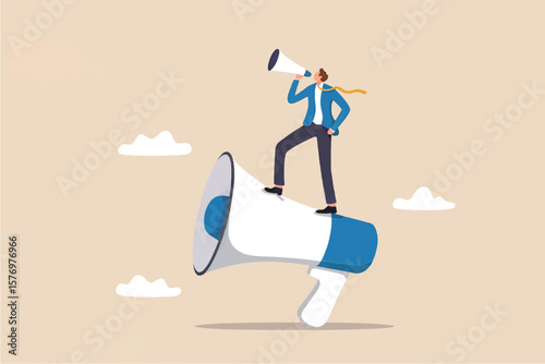 Businessman standing on a large megaphone and shouting into a smaller megaphone announcing news or making an important statement isolated on transparent background