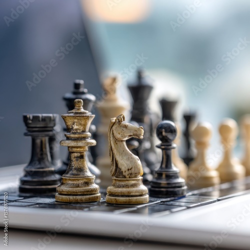 A focused chess game mid-play beside a laptop screen.
