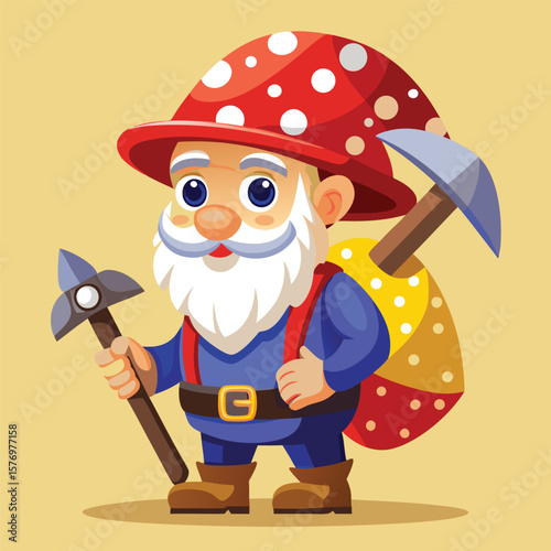 Cheerful cartoon gnome miner with red mushroom hat