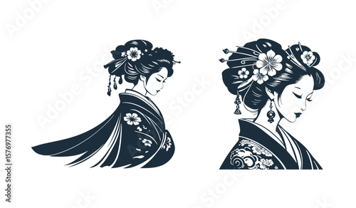 Elegant geisha illustrations showcase the beauty and grace of japanese culture, with intricate details in their hair and clothing, isolated on white background
