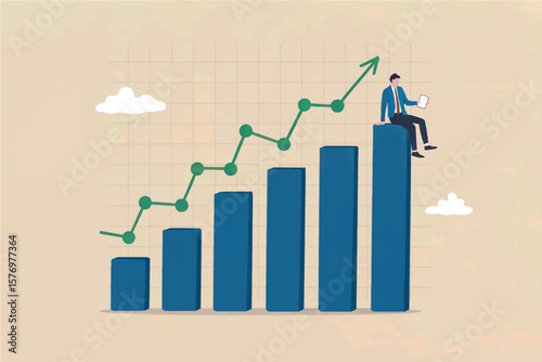 Successful businessman sitting on top of a bar chart with an upward trending green line graph indicating growth and profit isolated on transparent background