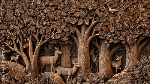 Intricate Wooden Carving of a Lush Forest Scene with Wildlife
