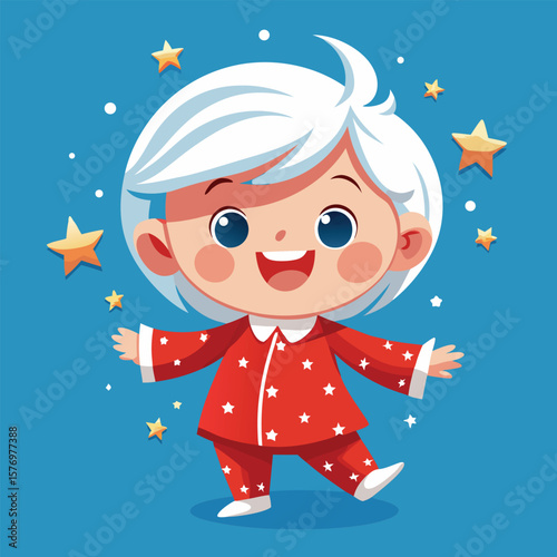 Cheerful child in star pajamas cartoon white hair