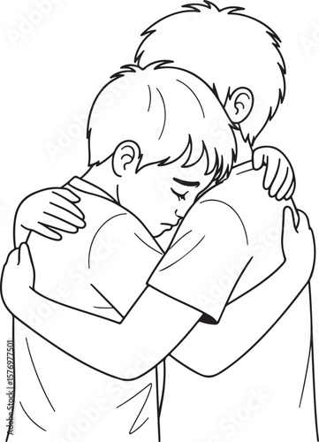 A vector illustration of a comforting embrace between two young boys, one supporting the other