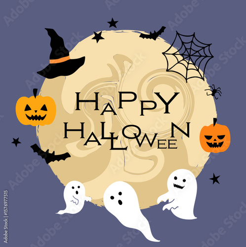 満月をイメージした丸いフレームにハロウィンのイラストをあしらった装飾素材セット（お化け かぼちゃ 蜘蛛の巣 ベクターイラスト）