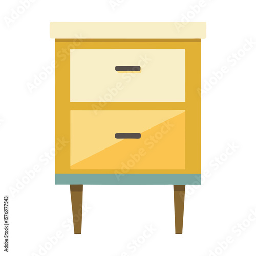 Retro yellow two drawer nightstand with tapered legs