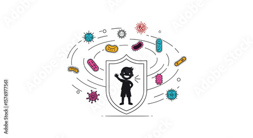 A person protected by a force field against various microscopic organisms and germs spreading throughout their environment creating a safe zone