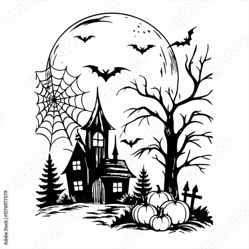 Spooky Halloween night vector illustration of a haunted house with a gnarled tree and bats silhouetted against a full moon