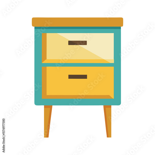 Retro teal and yellow two drawer nightstand with tapered legs