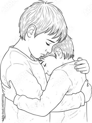 A vector illustration of one young boy comforting another, depicting empathy and shared sorrow