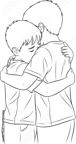 A vector illustration of two young boys embracing each other tightly, conveying comfort and support
