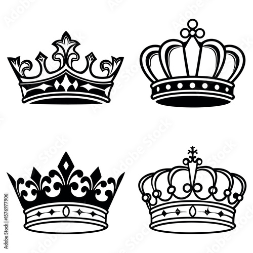Elegant Crown Collection Exuding Royal Majesty A Black and White Vector Illustration of Regal Headwear and Power Emblems