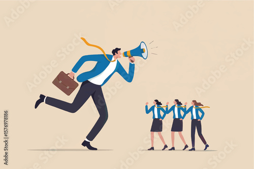 Businessman with megaphone leading a team of women in business suits with ties flowing isolated on transparent background