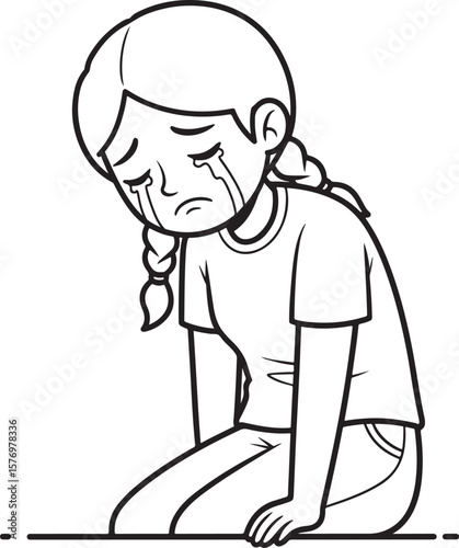 A vector illustration of a young girl crying and kneeling, expressing sadness and distress