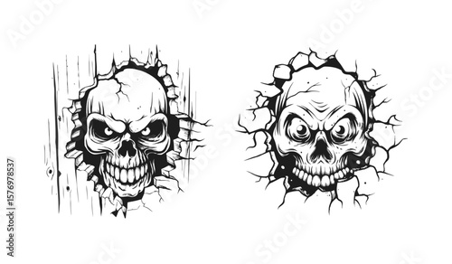Menacing skulls are isolated on white background, bursting through surfaces with a chilling and macabre presence, perfect for adding a touch of horror