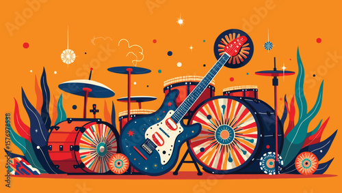 Vibrant illustration of a rock band performing live, featuring four members playing guitars and a colorful striped drum set. Set against a bright orange background with stars and abstract elements