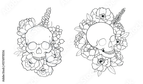Skull and flower arrangements, isolated on white background, blend the macabre with the beauty of nature, creating a striking visual contrast