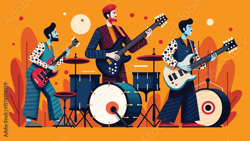 Vibrant illustration of a rock band performing live, featuring four members playing guitars and a colorful striped drum set. Set against a bright orange background with stars and abstract elements